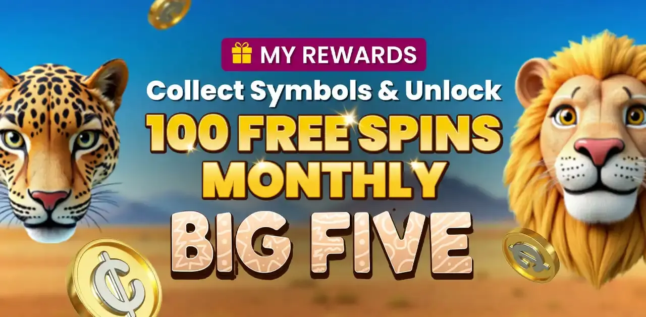 Spin the Big Five mini slot 3 times each day to unlock up to 100 free spins.