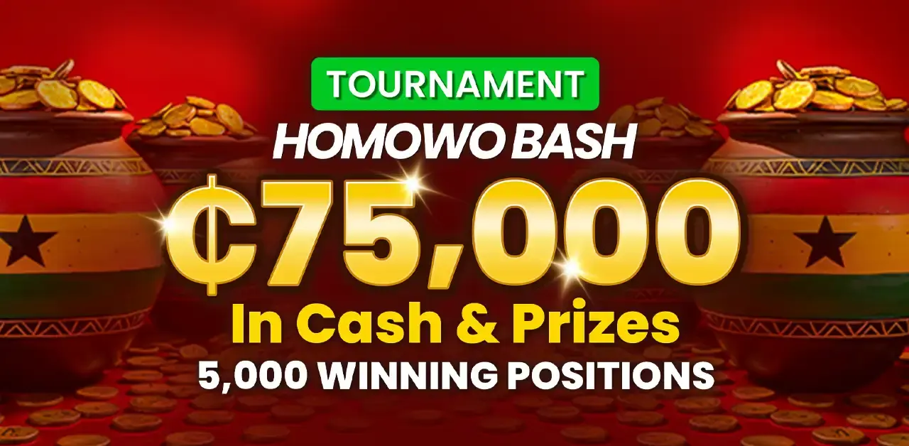 Win your share of GHS75,00 in the Homowo Bash Tournament at PrideSpins from 18 Aug – 1 Sep 2025.