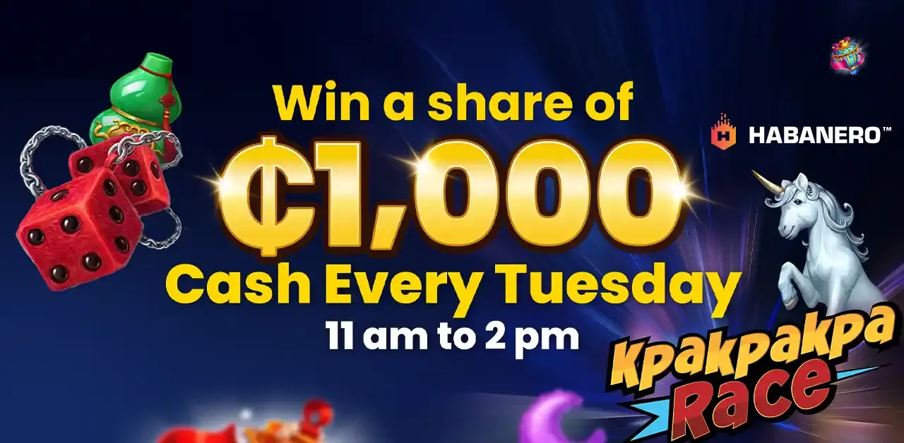 Win your share of GHS 1,000 every Tuesday in the Kpakpakpa Jackpot Race at PrideSpins.