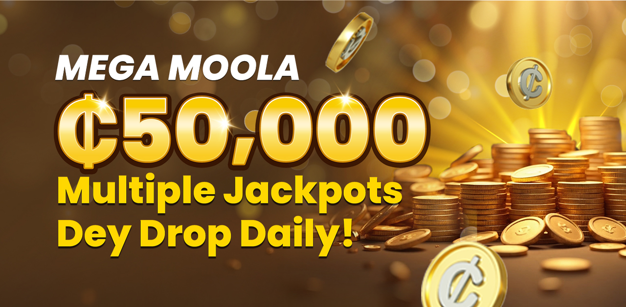 Win a share of GHS50,000 guaranteed with the Mega Moola Jackpot at PrideSpins.