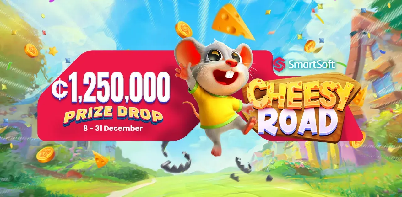 Enjoy SmartSoft Gaming's new title and win cash drops worth GHS 12.5 Mio with Cheesy Road at PrideSpins.